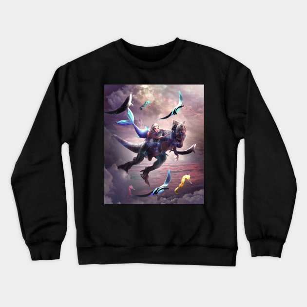 Cute Funny Mermaid Riding Dinosaur Crewneck Sweatshirt by Random Galaxy